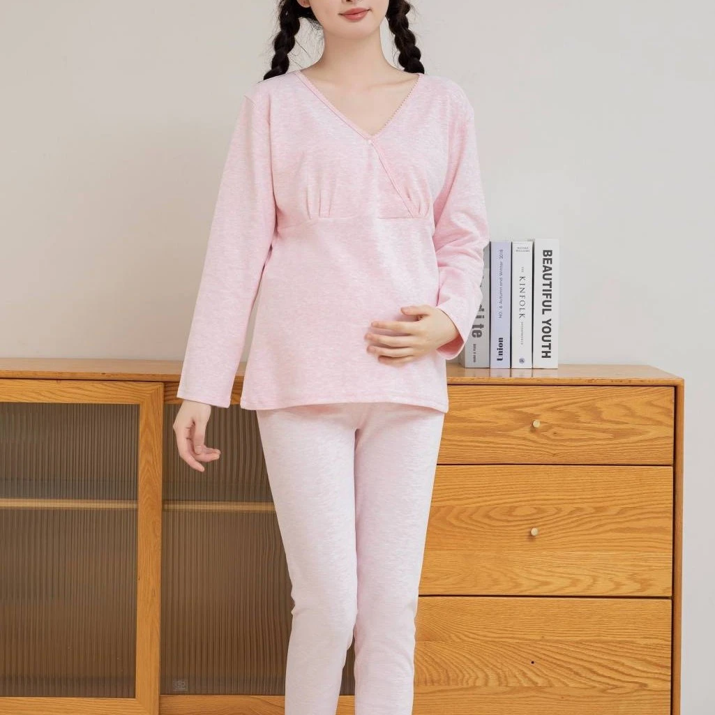 彩棉孕妇秋衣裤舒绒哺乳上衣产妇哺乳衣月子服托腹产后孕期可调节