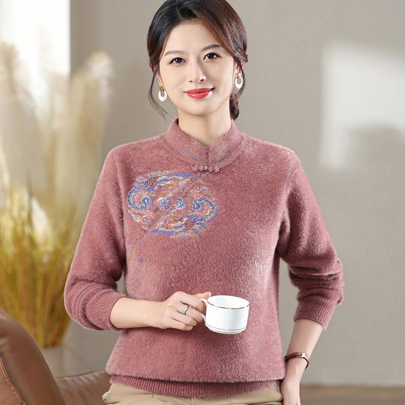 妈妈装新款仿水貂绒毛衣中老年妇女秋冬绣花上衣加厚保暖打底衫