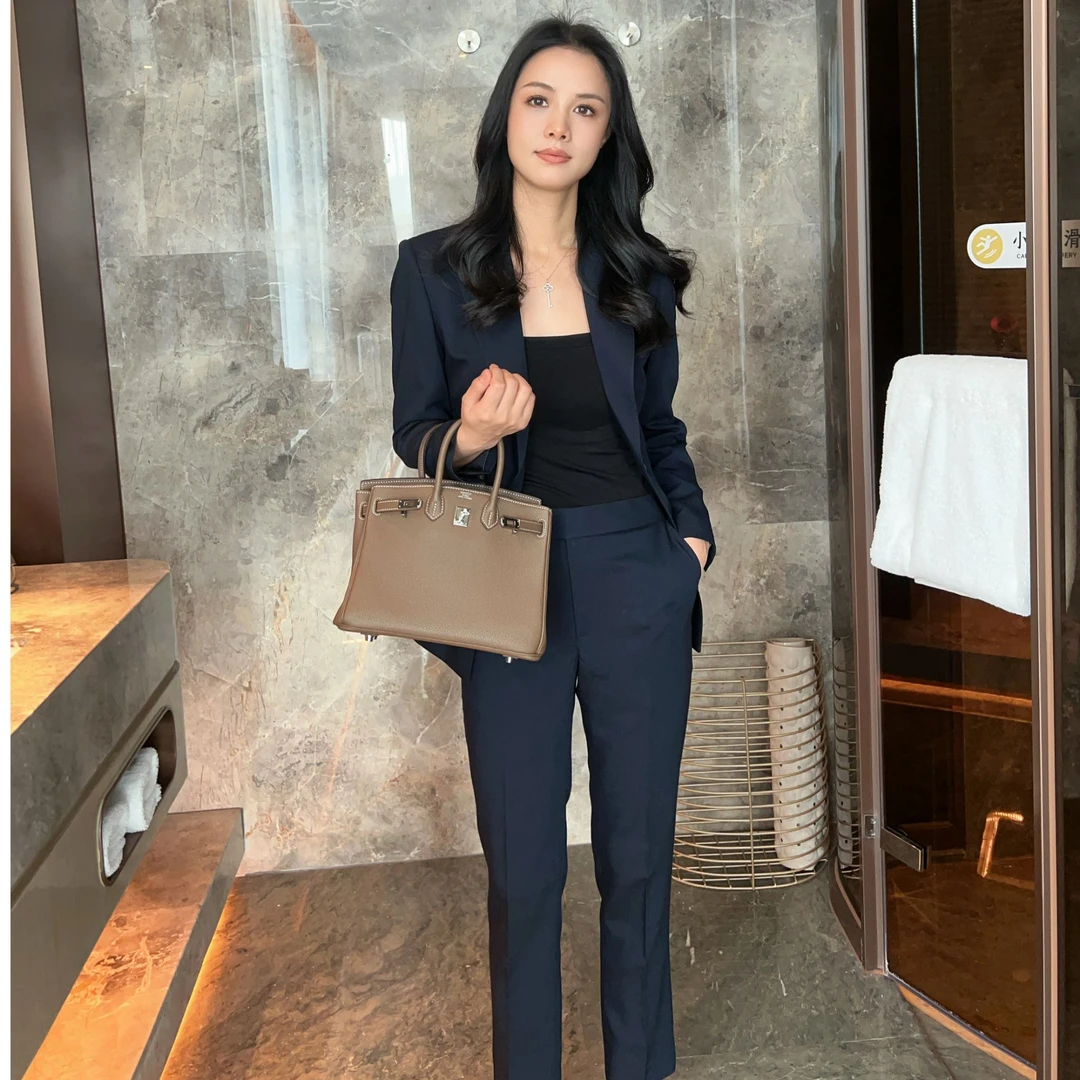 深蓝色单排一口不规则款西装套装修身显瘦职业女士西服九分裤