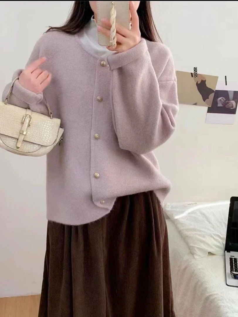 气质厚实小金扣细针织软糯韩系百搭简约风针织开衫