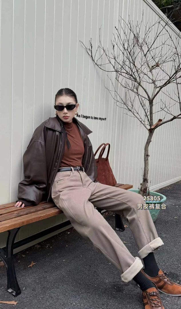 【焓梦精选】冬季新款复合加绒牛仔裤高腰显瘦复合男友裤