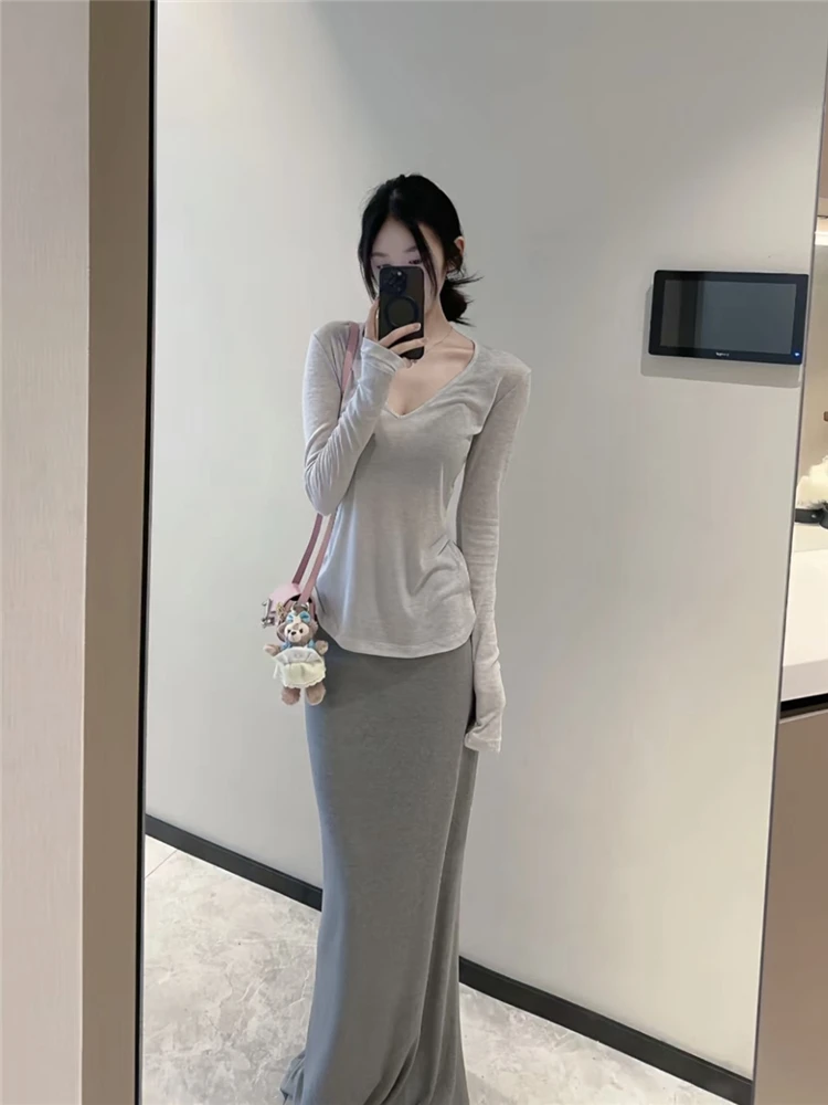 简约松弛休闲灰色半身裙女春秋垂坠感磨毛百搭松紧腰软糯A字长裙