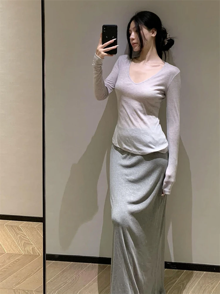 法式复古慵懒灰色半身裙女春秋季新款小众显瘦松紧腰气质休闲长裙