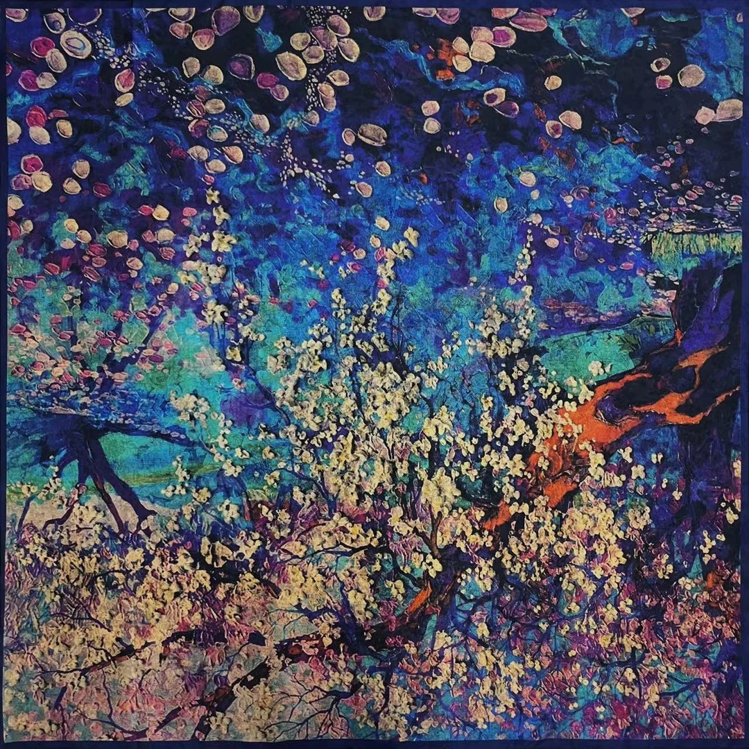 油画海棠 提花 镂空 香韵纱  135*135方巾