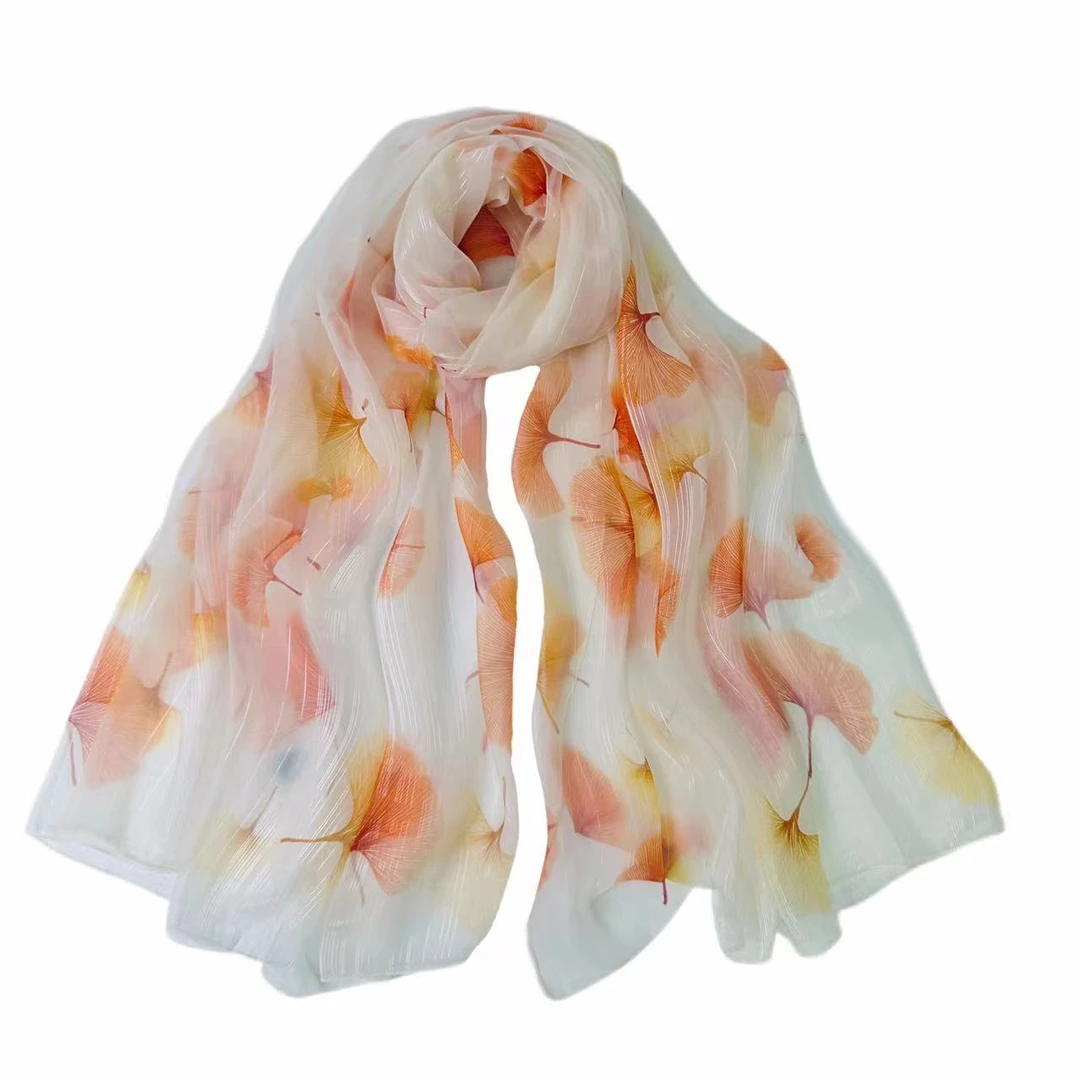 【米色银丝银杏叶】优柔纱140*190左右丝巾沙滩巾高级感防晒围巾