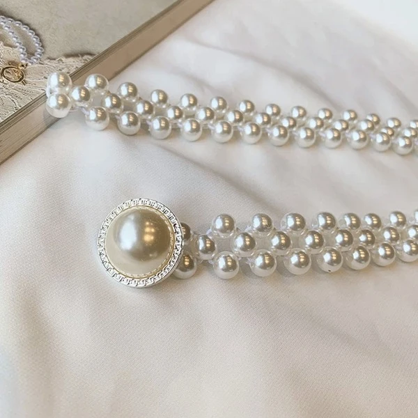 女士仿珍珠腰带裙子腰链配饰法式复古高级感腰链连衣裙链条腰封