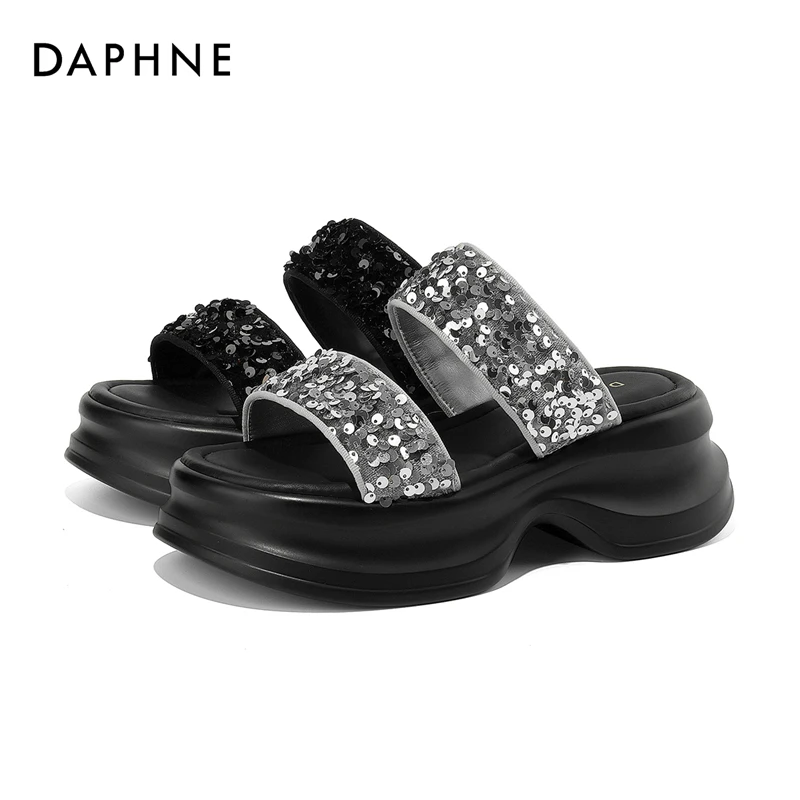 达芙妮新款亮片拖鞋时尚休闲百搭夏季外穿厚底坡跟松糕底