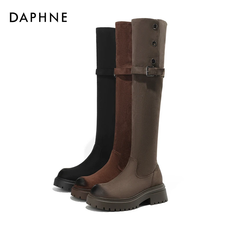 【胖虎专属】达芙妮长靴女2023新款厚底弹力高筒时尚百搭复古长靴