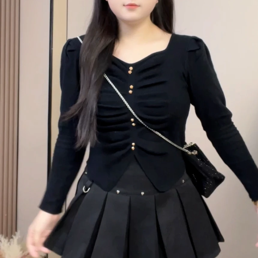 【阿柔定制款】法式别致皱褶设计感桃心领内搭高级感不规则短款上衣