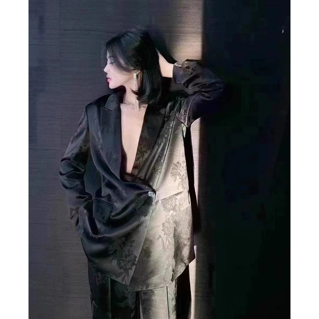 高级感御姐范仿醋酸提花阔版西装阔腿裤套装西服职业装两件套女