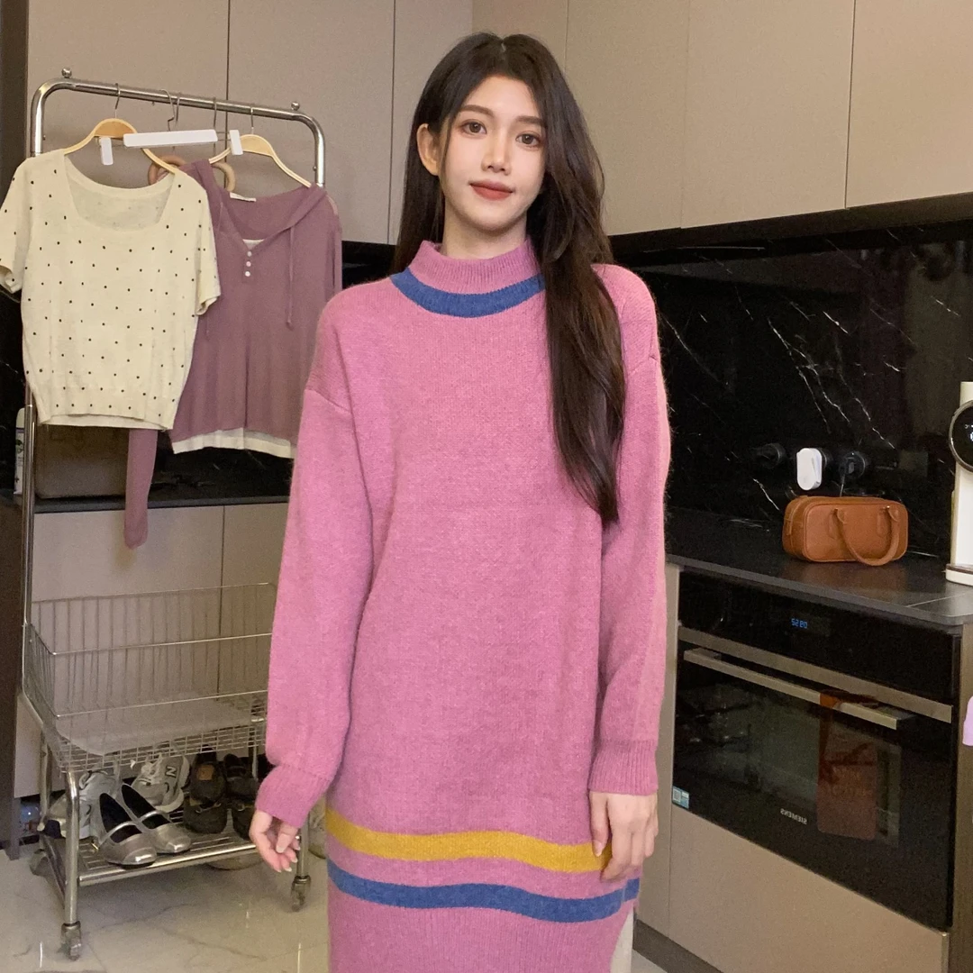 毛衣裙女中长款秋冬新款韩版圆领毛衣