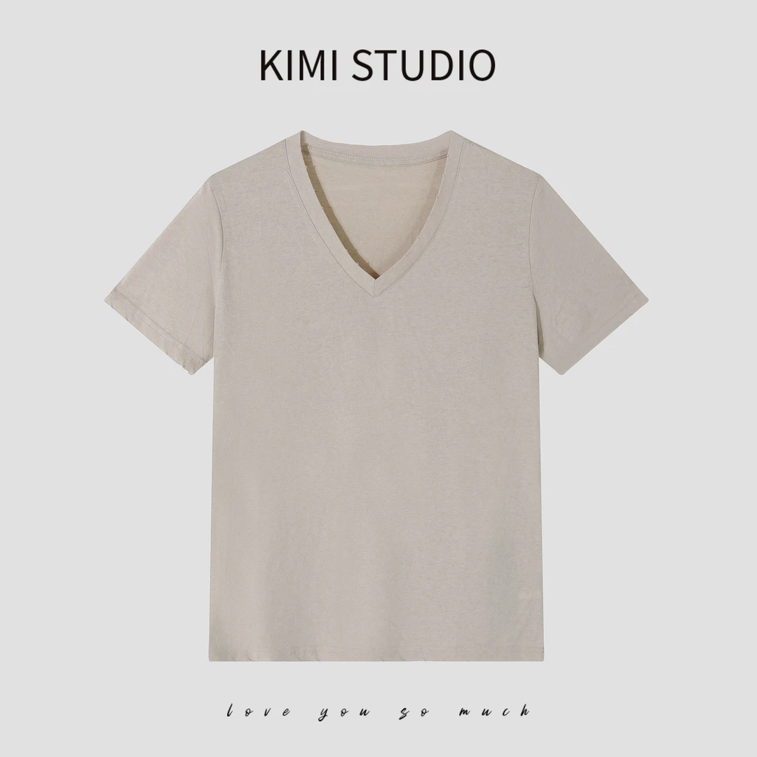 KIMI磨破做旧设计V领短袖T恤上衣AW241232