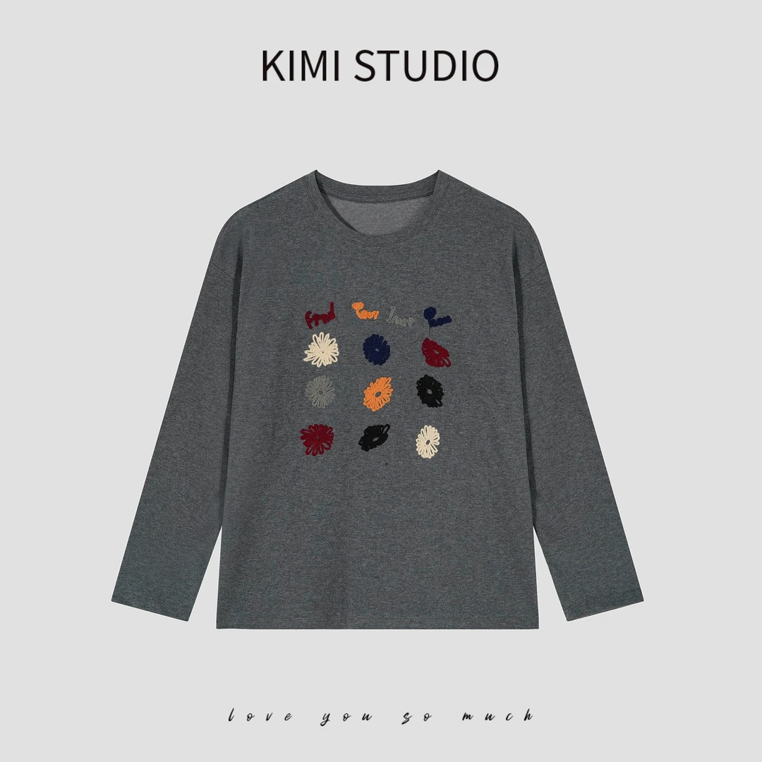KIMI秋冬毛线刺绣小花圆领打底上衣AW24812
