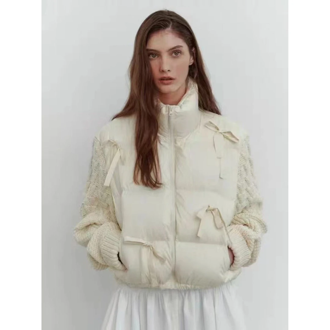 AW24502  设计师品牌针织袖拼接甜美蝴蝶结立领羽绒服