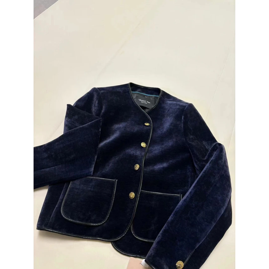 KIMI设计师轻奢蛋白皮包边天鹅绒外套AW24810