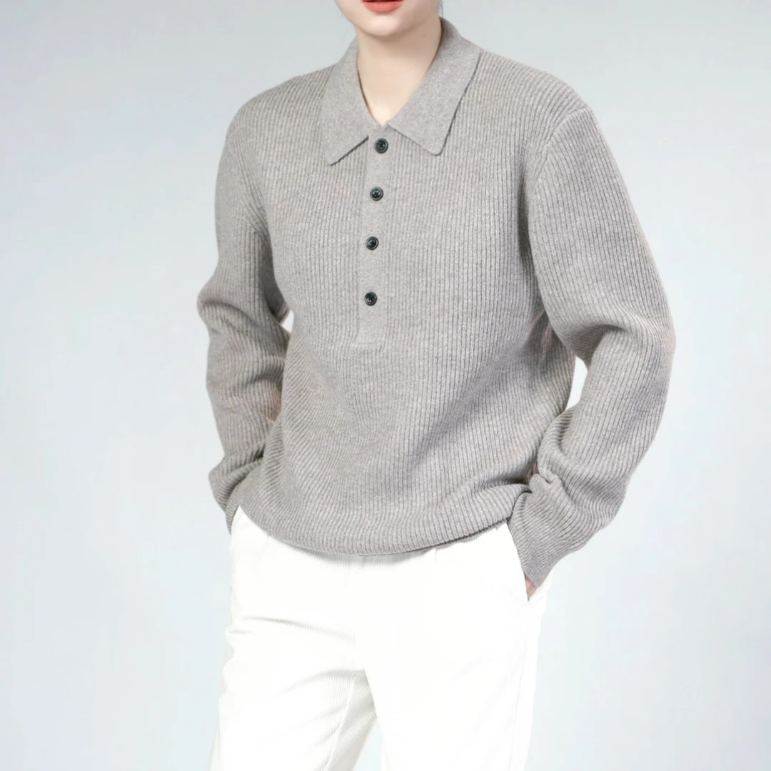 迪卡里奥费雷男士羊毛POLO衫3MY235秋冬男款宽松半开领条纹羊毛衣