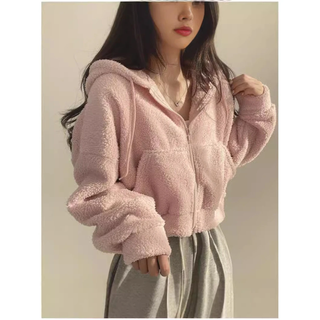 羊羔毛短款外套女秋冬2024新款韩版宽松加绒加厚开衫连帽慵懒上衣