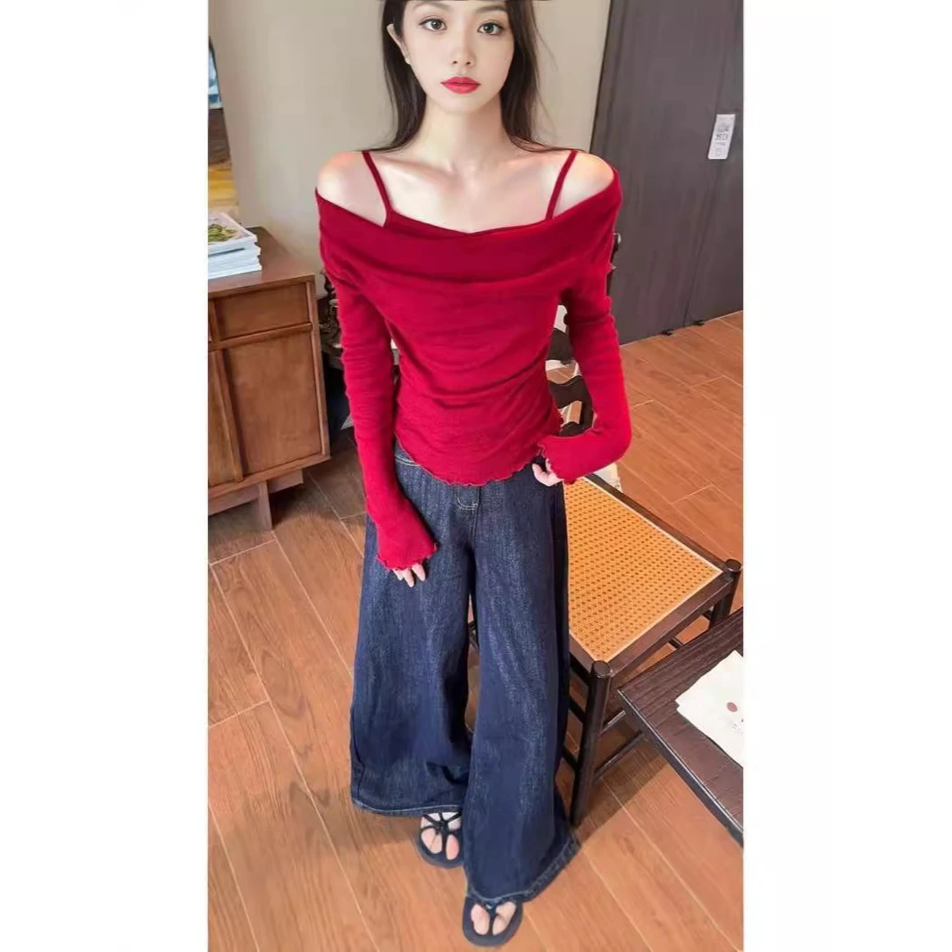 假两件露肩拼接长袖针织衫女早秋新款修身显瘦木耳边打底上衣ins