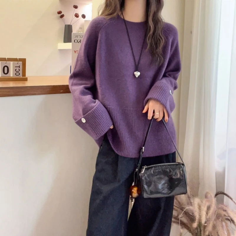 2025秋季新款慵懒风卷边针织衫女胖mm大码显瘦百搭软糯毛衣打底衫