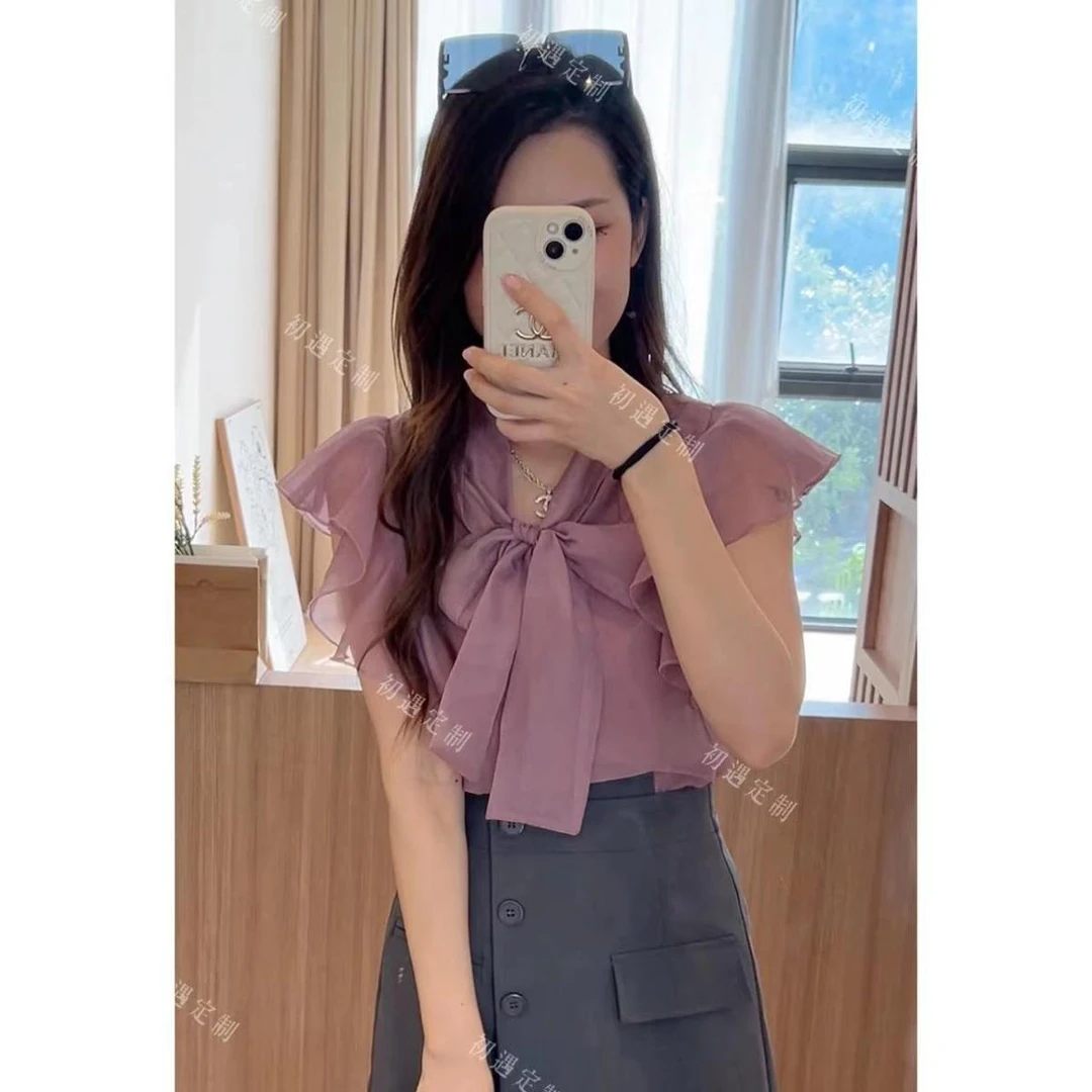 蝴蝶结时尚木耳边紫色飞袖上衣减龄法式气质百搭甜美小衫显瘦洋气