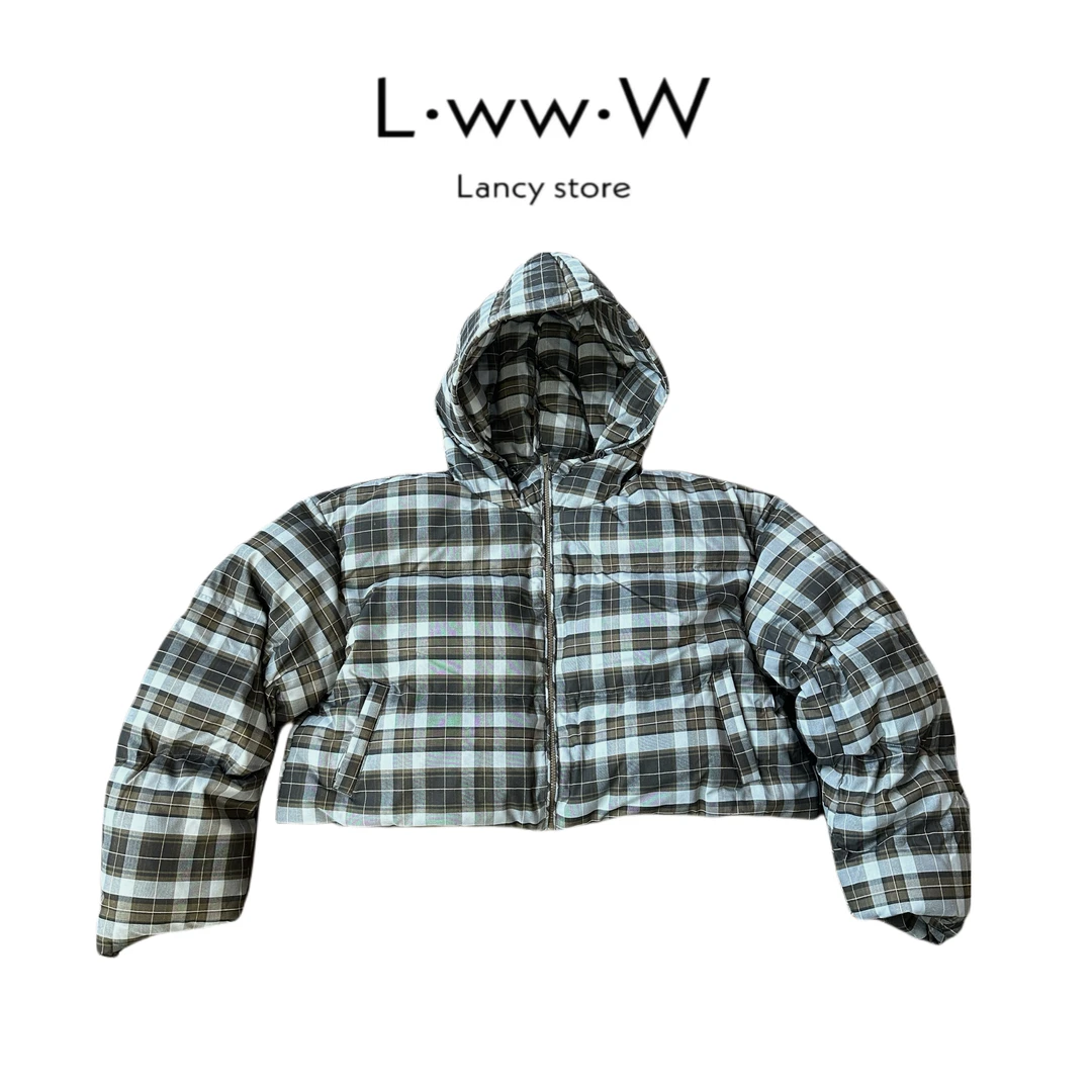 【格蓝美】短款连帽蓝色羊腿袖格纹羽绒服