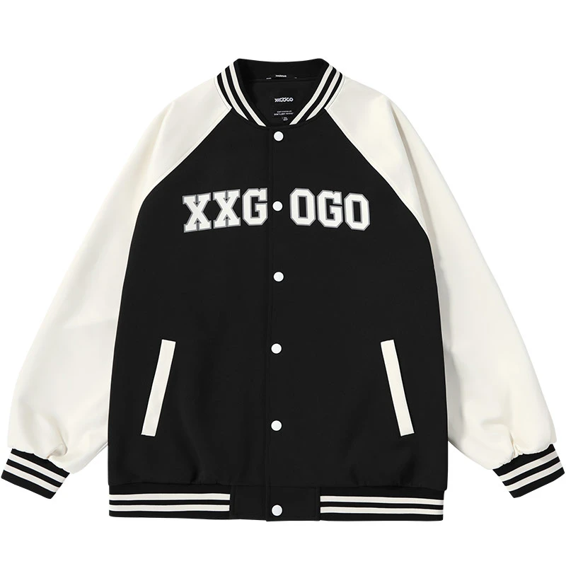 XXGOGO棒球领外套男国潮宽松撞色拼接印花情侣棒球夹克GOJS155