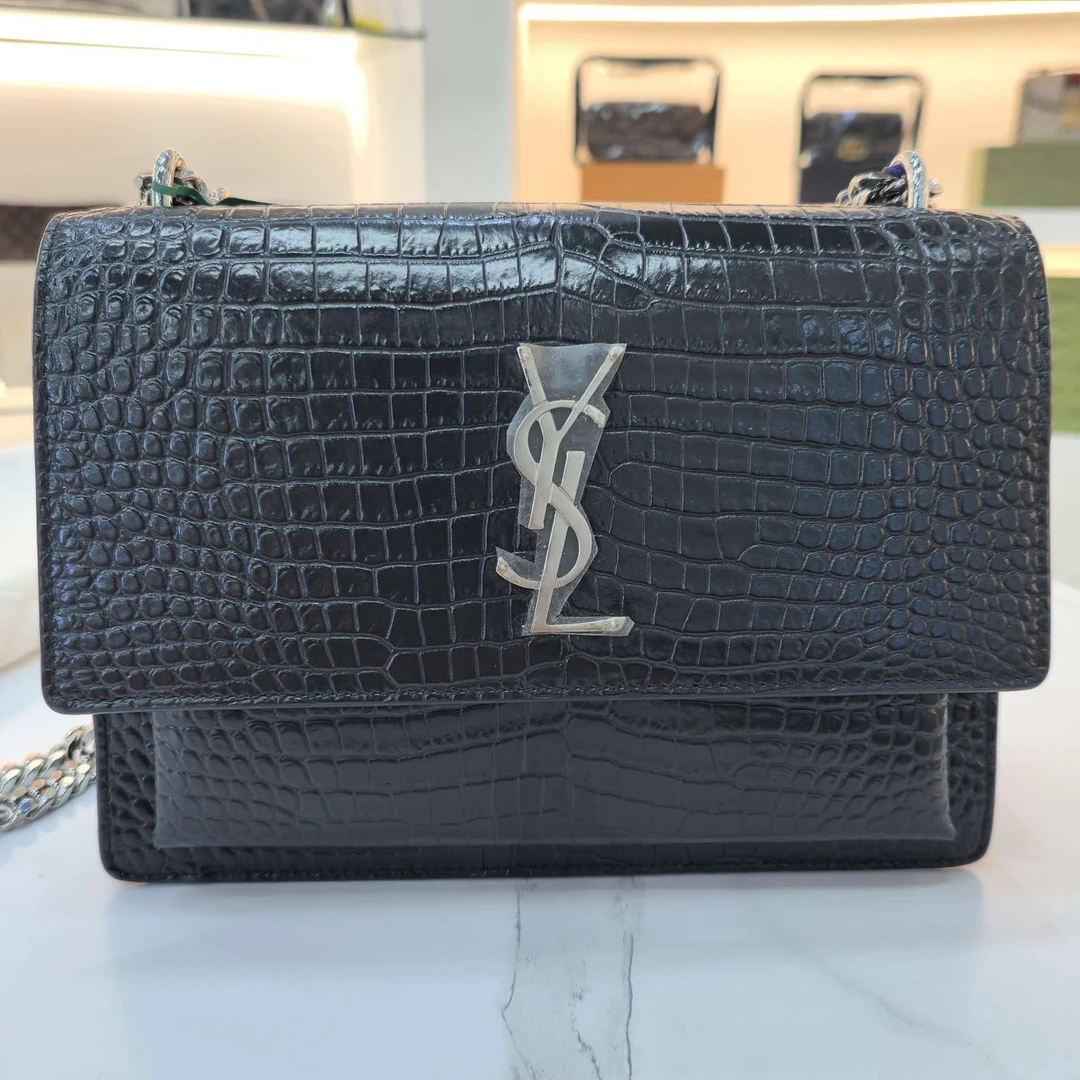 95新 YSL/圣罗兰 日落sunset中号鳄压纹墨绿色