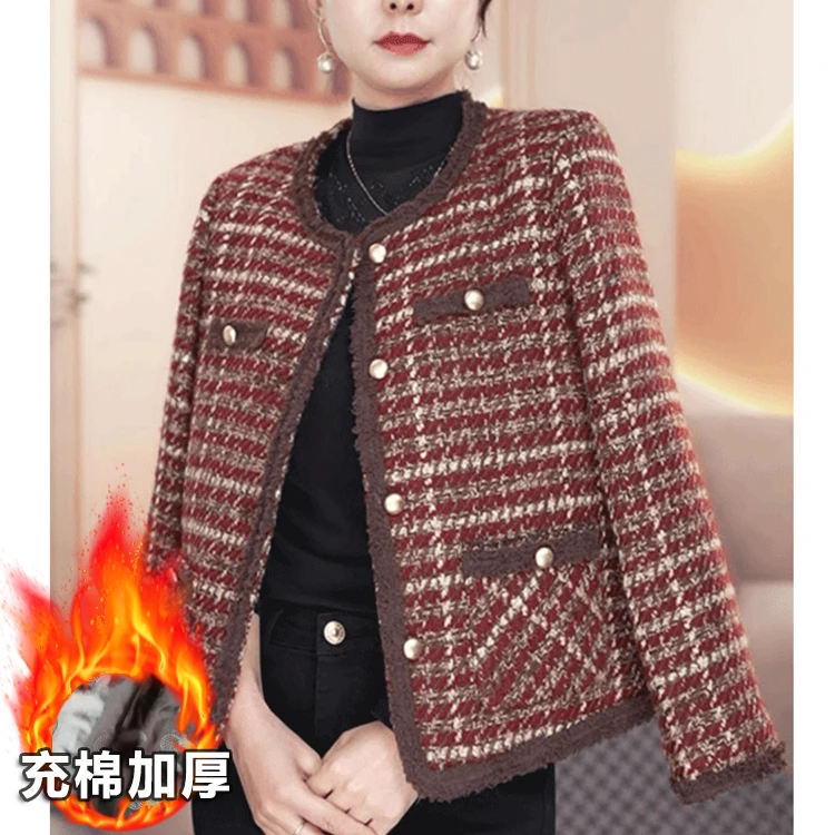 格子安哥拉红小香风秋冬加厚充绒新款外套妈妈装粗花呢外套153