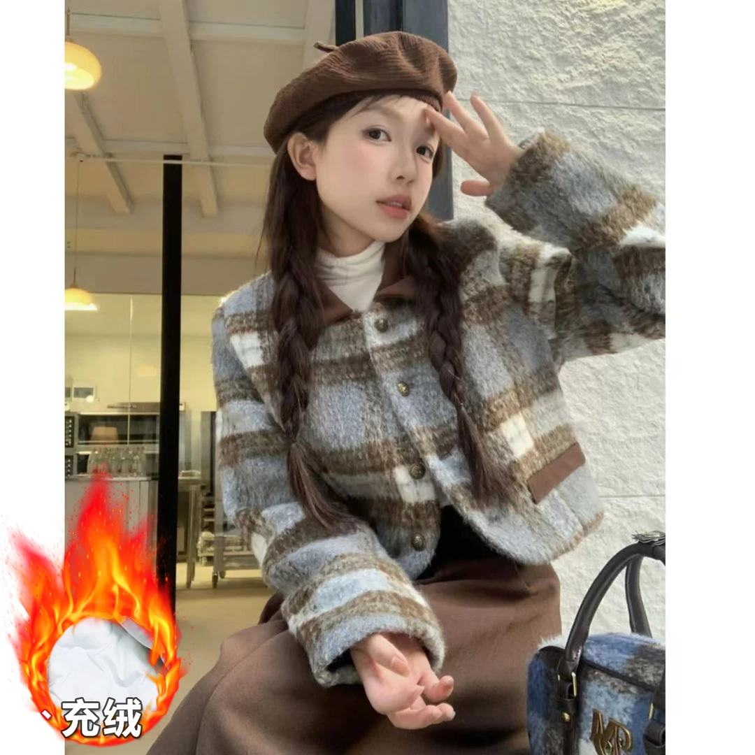 时尚小个子女装早春款小香风格子毛呢外套女韩版呢子短外套上衣
