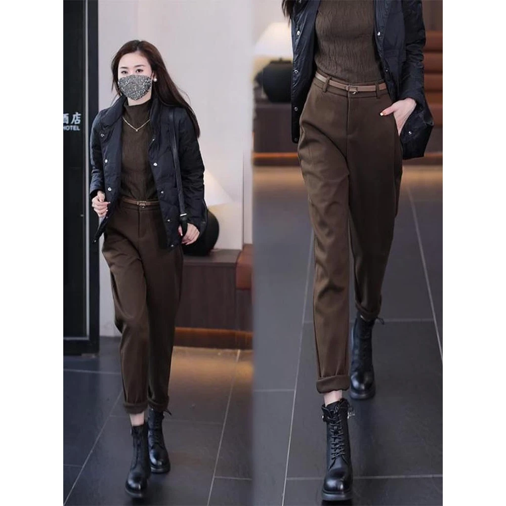 秋冬季新款立体裁剪显瘦萝卜烟管西装休闲哈伦裤裤女高腰哈伦裤百