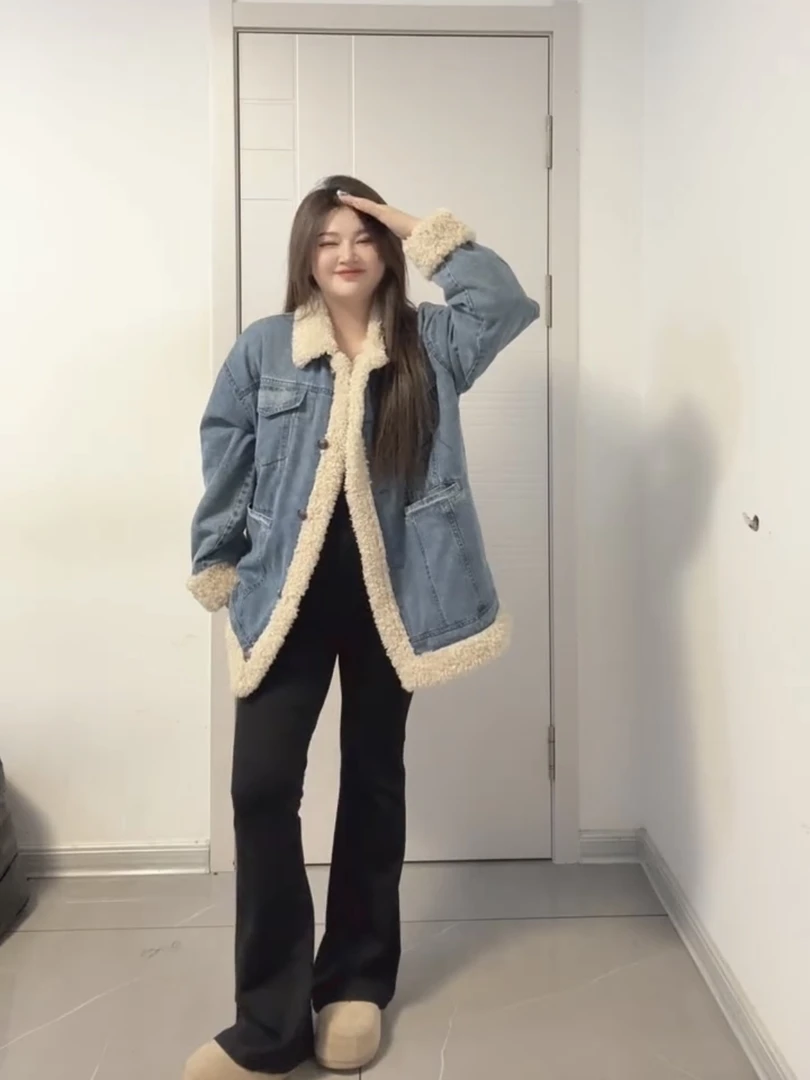 美式复古羊羔牛仔外套2024加厚新款秋冬高级大码羊羔绒宽松棉服