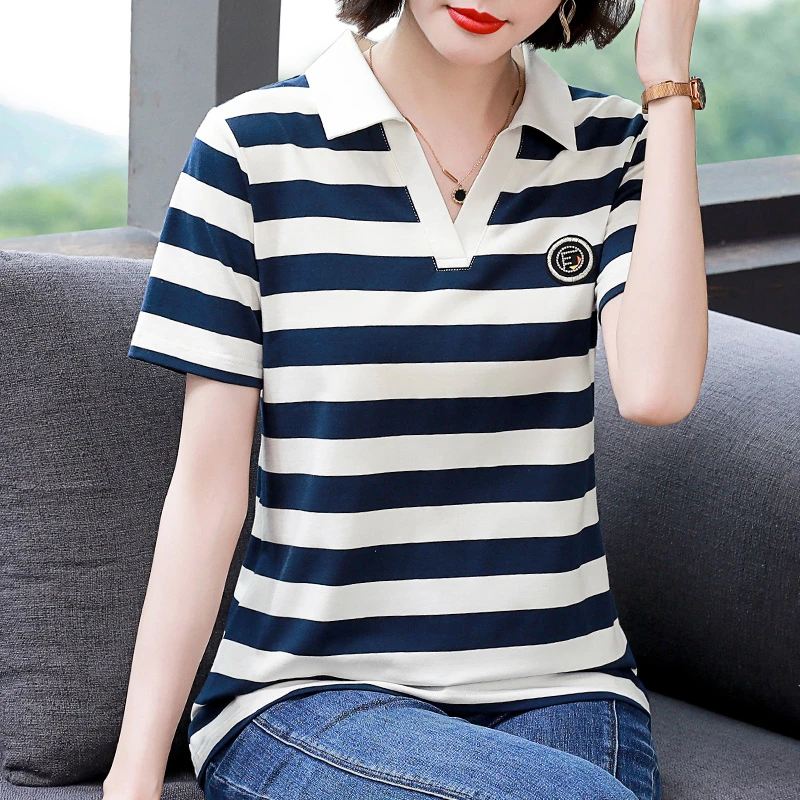 条纹t恤2025年新款女夏季中长款短袖上衣中年妈妈时尚薄款polo衫