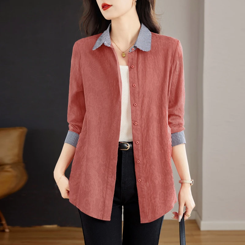 春秋款长袖衬衫休闲外套女2025年新款中年妈妈洋气时尚翻领上衣女