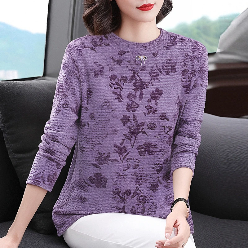 丝绒印花打底衫女士秋冬保暖t恤显瘦半高领上衣中年妈妈秋季新款