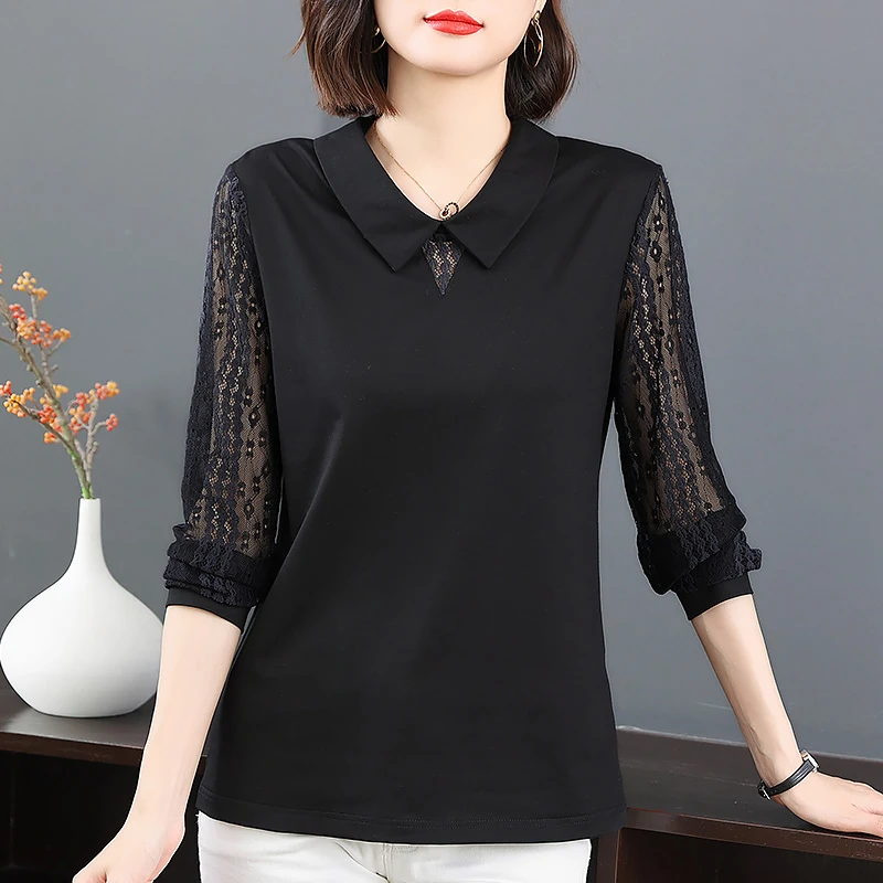 大码t恤女长袖2025新款春装上档次高端洋气小衫时尚妈妈蕾丝上衣