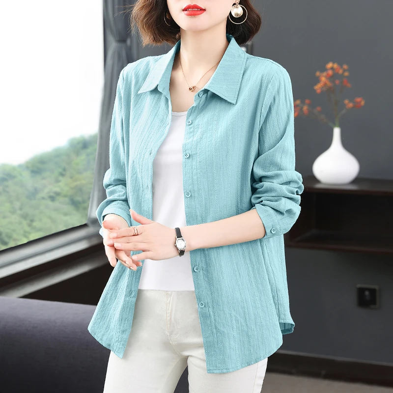 时尚衬衫女春秋中长款2025年新款微胖上档次上衣大码宽松衬衣外套