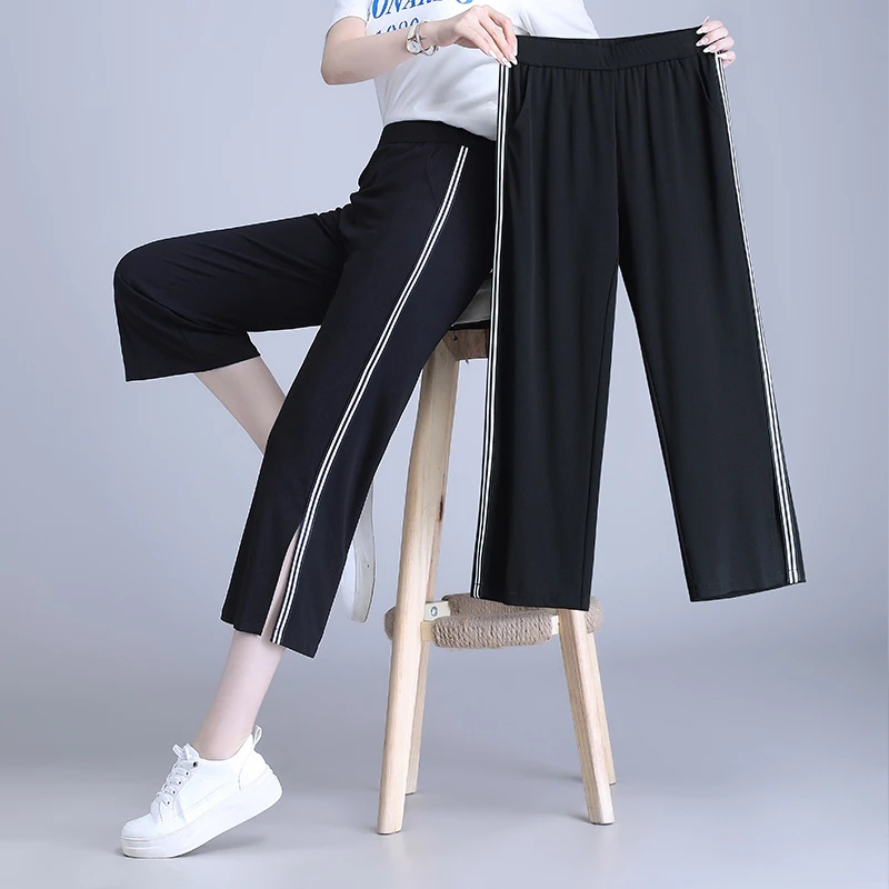 运动休闲裤女夏装2023新款大码黑色侧边条纹开叉宽松夏季七分裤子
