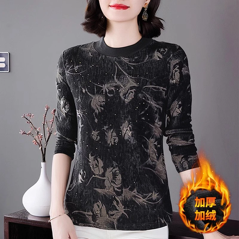 秋冬季打底衫印花圆领上衣女士新款时尚长袖T恤内搭套头保暖秋衣