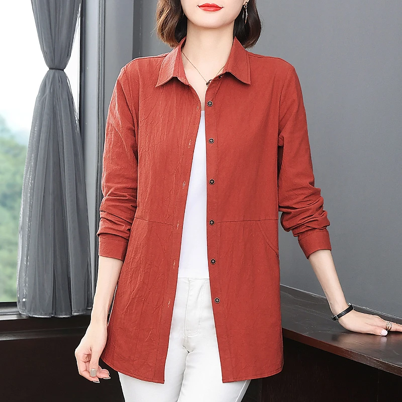 纯棉长袖衬衫外套女中长显瘦开衫上衣春季2023年新款春秋大码女装