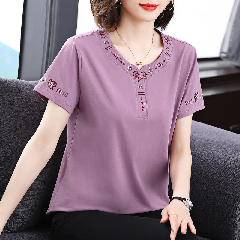 大码宽松t恤女夏季胖mm遮肚藏肉圆领短袖2025新款新中式国风上衣