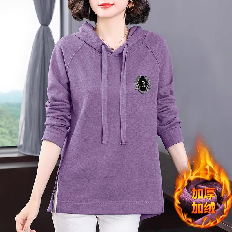 秋冬加绒连帽卫衣女2025新款中长款加厚上衣微胖洋气大码女士帽衫