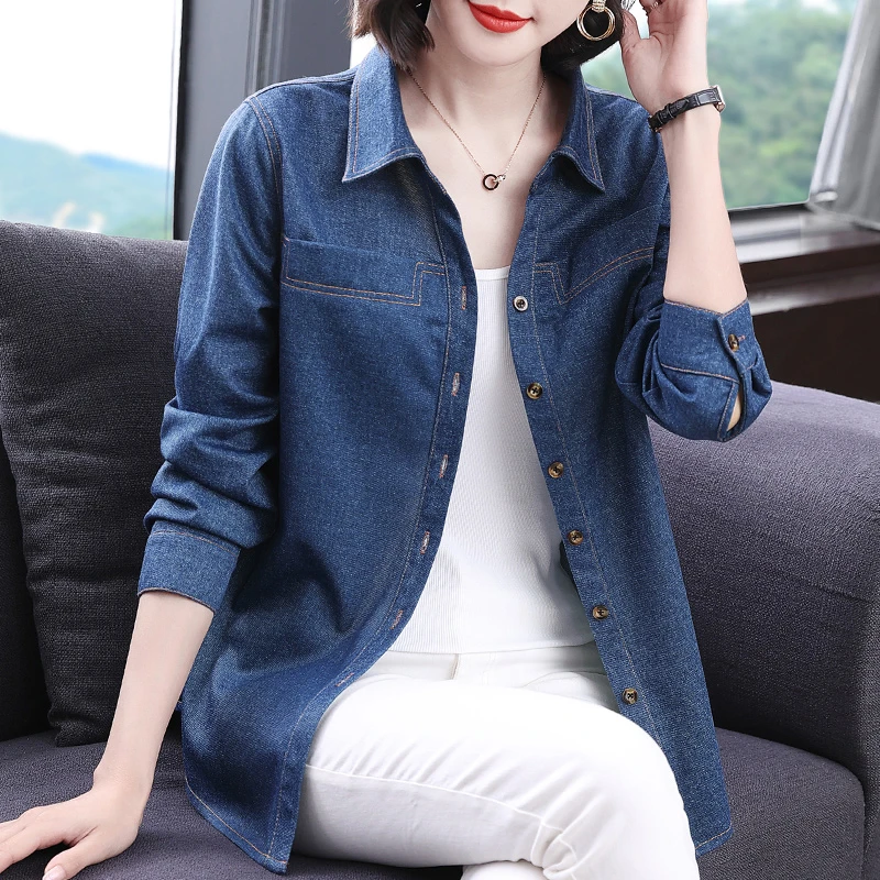 大码牛仔衬衫女2025春秋新款女装洋气妈妈中长款外套长袖薄款衬衣