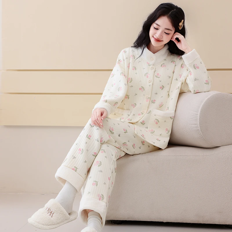 秋冬款空气棉月子服产后孕妇睡衣夹棉哺乳待产妇加厚保暖夹层喂奶