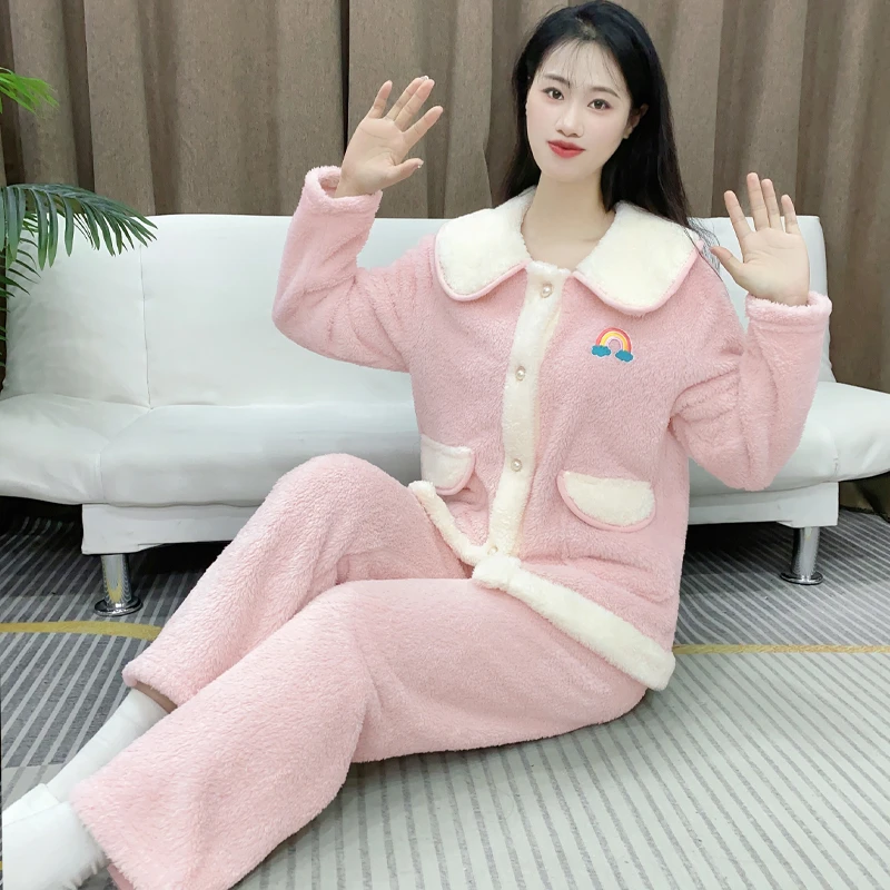 珊瑚绒女士冬季睡衣秋冬款女长袖毛绒法兰绒可外穿家居服套装Y149
