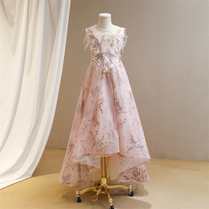 粉色羽毛赛级儿童礼服生日公主裙花童钢琴演奏主持人小提琴演出服