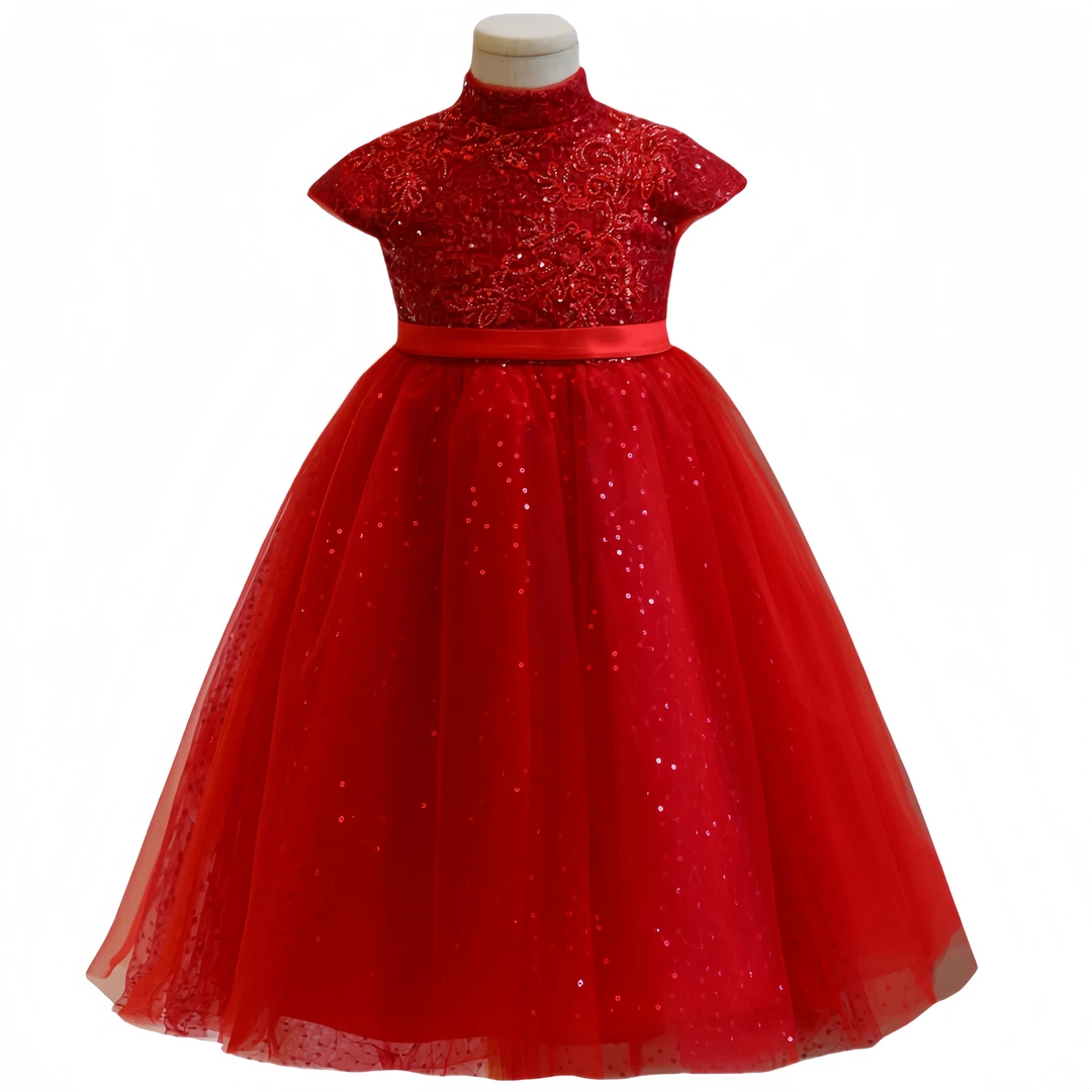 宝藏衣橱上红色短袖儿童礼服生日公主裙婚礼花童钢琴演奏演出服