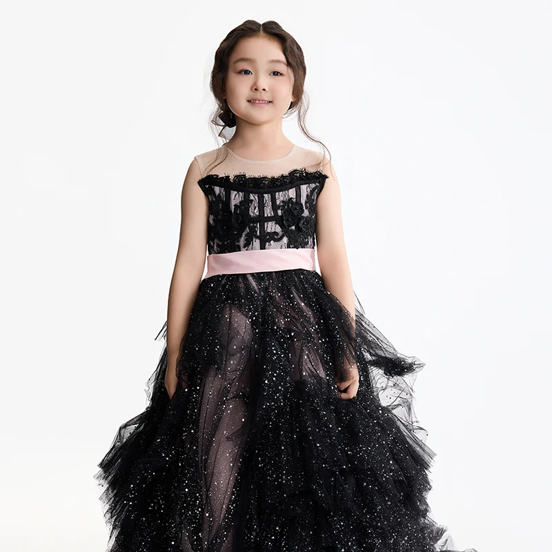 黑粉拖尾儿童礼服生日公主裙婚礼花童钢琴演奏主持人小提琴演出服