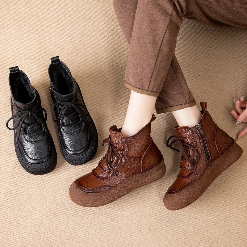 2155-2  冬季新款2024真皮短靴防滑平底中老年保暖女靴休闲皮棉鞋