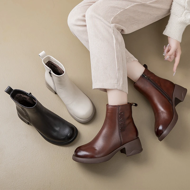 达 3216复古气质时尚百搭真皮软底舒适防滑耐磨粗跟圆头加绒短靴