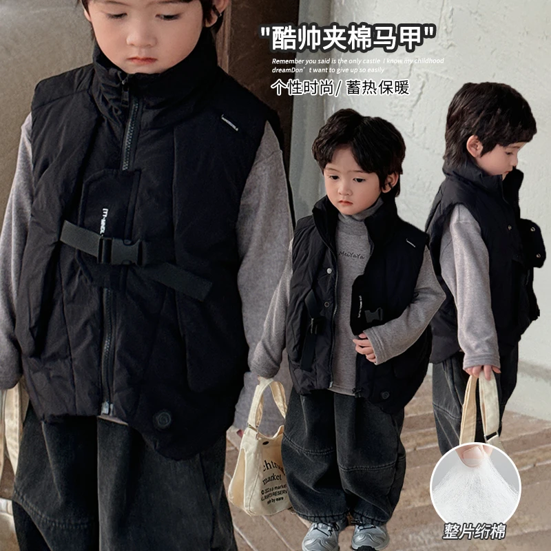 《龙悦》儿童韩版工装夹棉马甲冬男童女童24DB513立领保暖坎肩外套